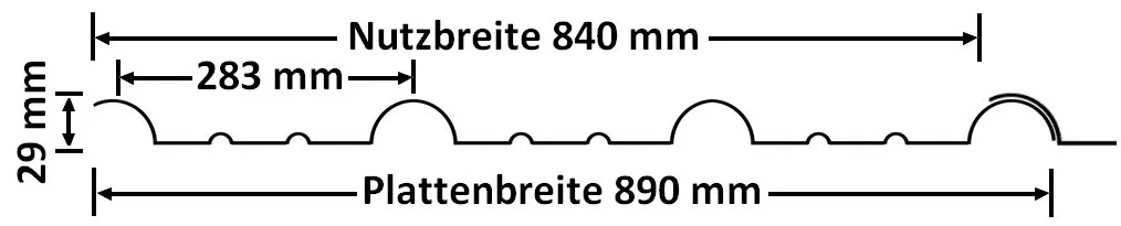 Querschnitt der PVC-Lichtplatten Siegener Profil. Die Nutzbreite beträgt 840 mm. Die Komplettbreite beträgt 890 mm.