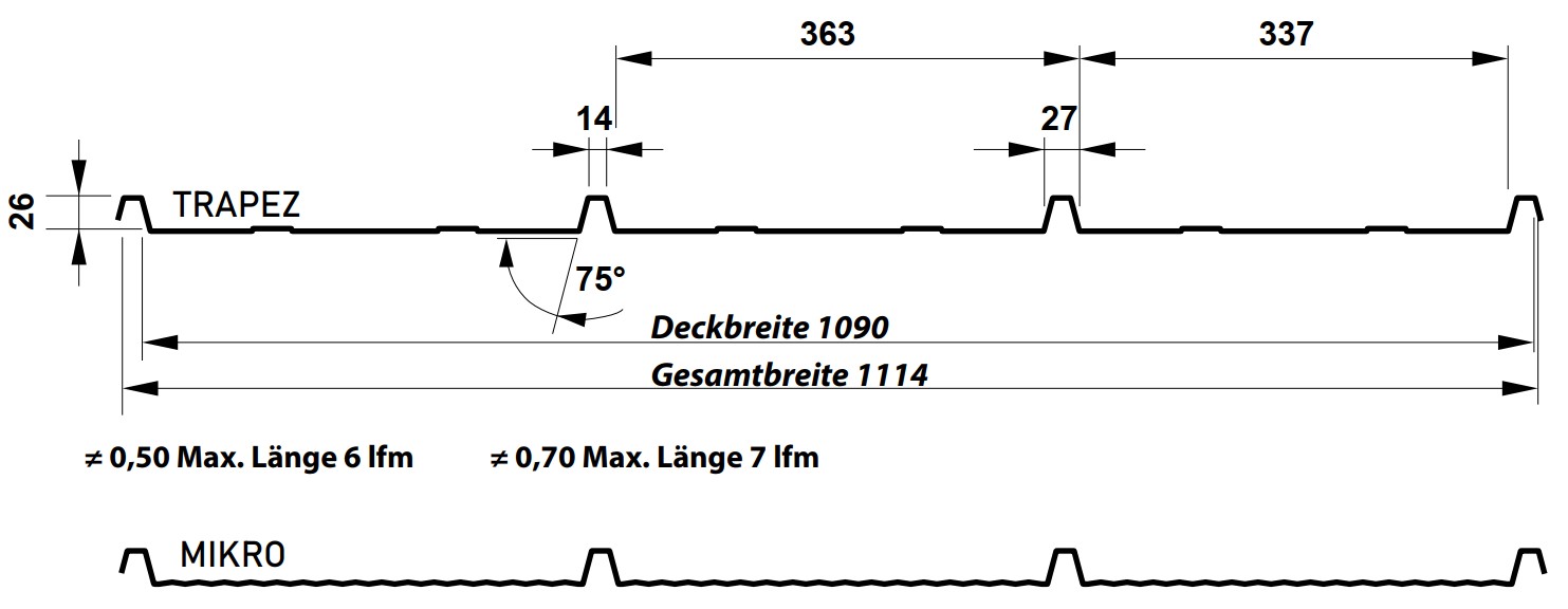 Querschnitt Trapezblech T-26/1090 mit zwei unterschiedlichen Profilen