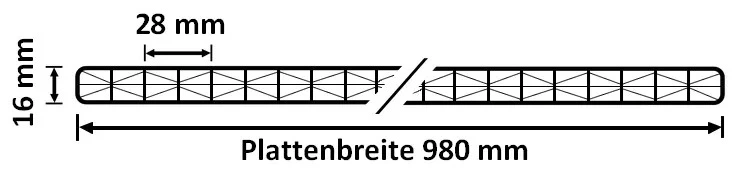 Querschnitt der Stegplatte Polycarbonat 16 mm mit Fachwerkstruktur - klar - Breite 980 mm