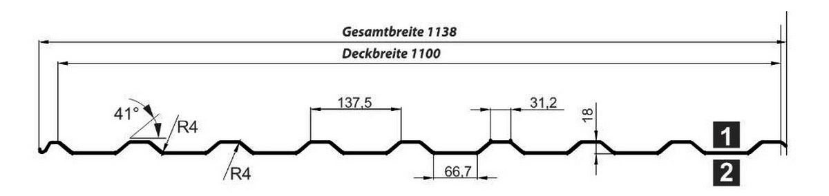 Querschnitt mit einer Nutzbreite von 1100 mm und einer Gesamtbreite von 1138 mm