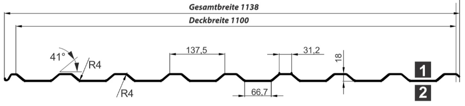 Querschnitt vom Trapezblech T-20M/1100 zeigt eine Deckbreite von 1100 mm.