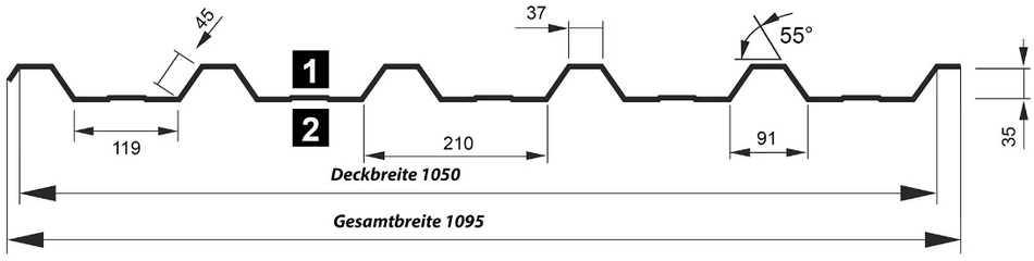 Trapezblech Querschnitt des Profils T-35DR. Die Deckbreite beträgt bei diesem Profilblech 1050 mm. Die Profilhöhe 35 mm.
