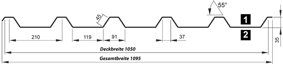 Querschnitt T-35M/1050 Trapezblech mit Profilhöhe 35 mm ähnlich Profil 35/207 oder T-35DR