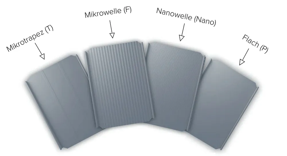 Stehfalzblech in vier unterschiedlichen Profilen.