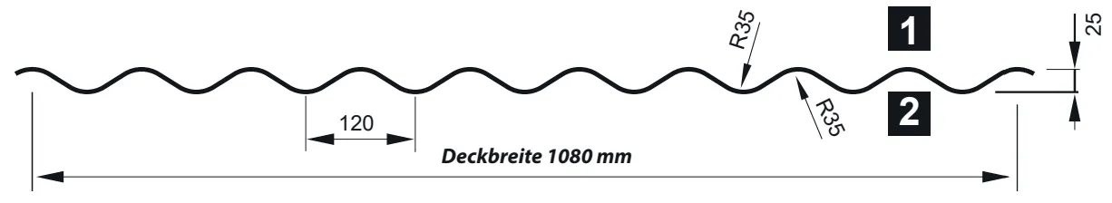 Querschnitt unserer Wellblechplatte W-25/1080 für die Wandverkleidung kleiner bis großer Flächen. Querschnitt der Wellblechplatte W-25/1080 mit einer Profilhöhe von 25 mm und einer Nutzbreite von 1080 mm.