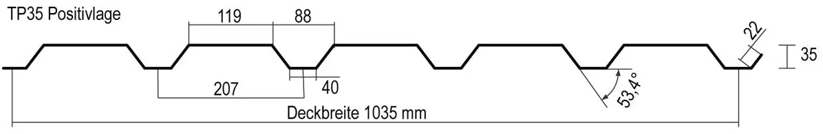 Hier sehen Sie den Querschnitt des Wandblechs WP35 mit einer Nutzbreite von 1070 mm und einer Profilhöhe von 18 mm