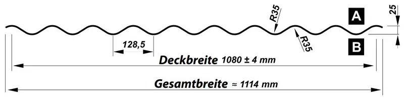 Querschnitt der Wellblechplatte W-25/1080 mit einer Profilhöhe von 25 mm und einer Nutzbreite von 1080 mm.