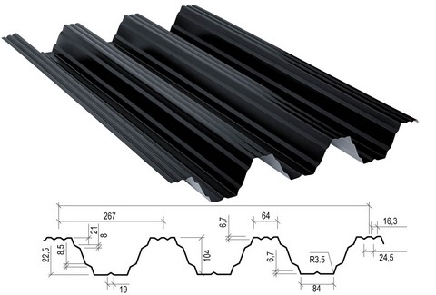 Trapezblech Hochprofil TP104 RAL7016 Anthrazit mit Querschnitt