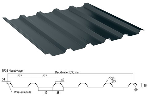 Kategoriebild für das Trapezblech TP35 in verschiedenen Materialstärken und Farben - ideal als Blech für Ihr Carport oder die Garage.