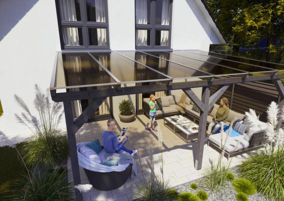 Terrassenüberdachung mit Dacheindeckung aus Stegplatte Polycarbonat 16 mm - bronze - Breite 980 mm