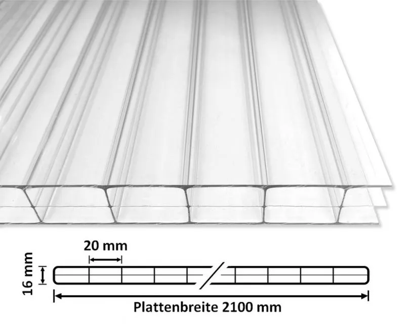 Stegplatte PC 16mm Klar longlife 2100 mit Querschnitt Stegplatte PC 16mm Klar longlife 2100 mit Querschnitt