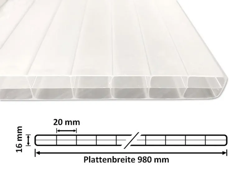 Stegplatte_Polycarbonat_OPAL_16mm_freistehend_980_mit_Querschnitt Stegplatte_Polycarbonat_OPAL_16mm_freistehend_980_mit_Querschnitt