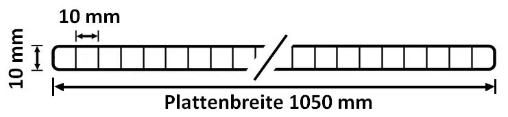 Querschnitt der Polycarbonat Stegplatte mit einer Stärke von 10 mm und einer Breite von 1050 mm